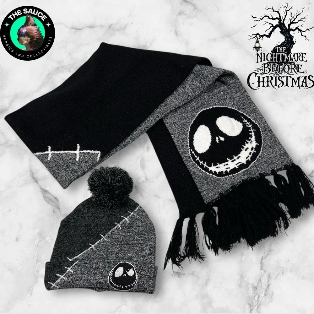 Disney NBC Jack Skellington Beanie Scarf Set Pom Pom Gothic Accessory Patchwork